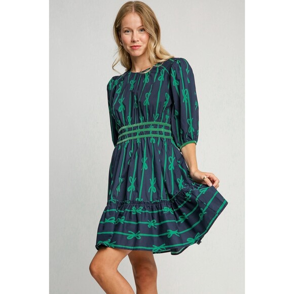 NFS Umgee Bow Print Frill Contrast Velvet Trim Half Sleeve Dress - Picture 1 of 4